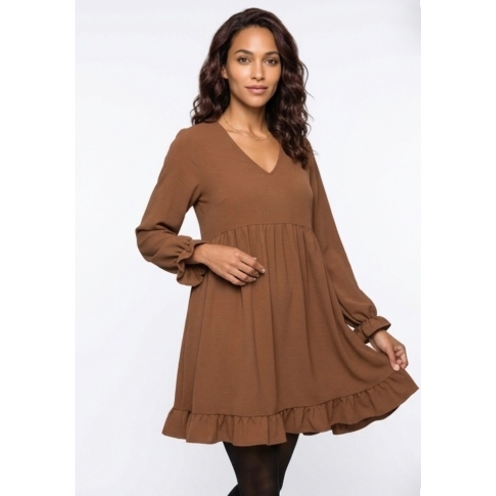 Jodifl Babydoll Mini Dress Womens Medium Brown‎ Excellent V-Neck Ruffle G8225